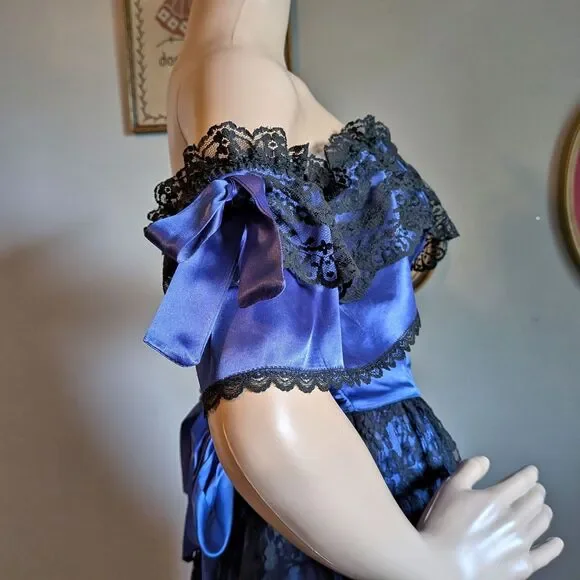 Vintage 80s Gunne Sax Ball Gown Southern Belle Maxi Dress Blue Satin Lace Size 5 - Picture 12 of 14